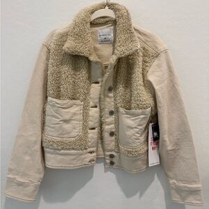 Celebrity Pink Cream Button Up Jacket with Sherpa Blocking NWT